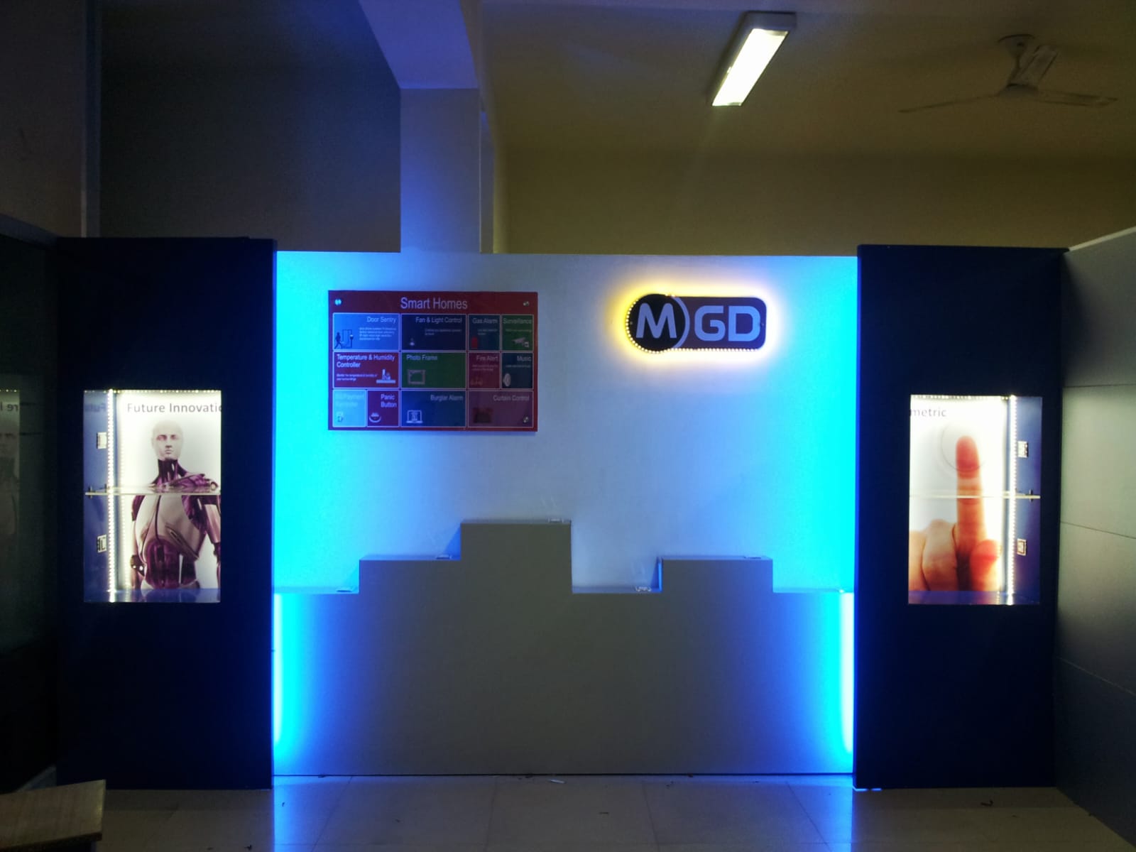MGD smart homes exhibition stall with backlit logo and light boxes