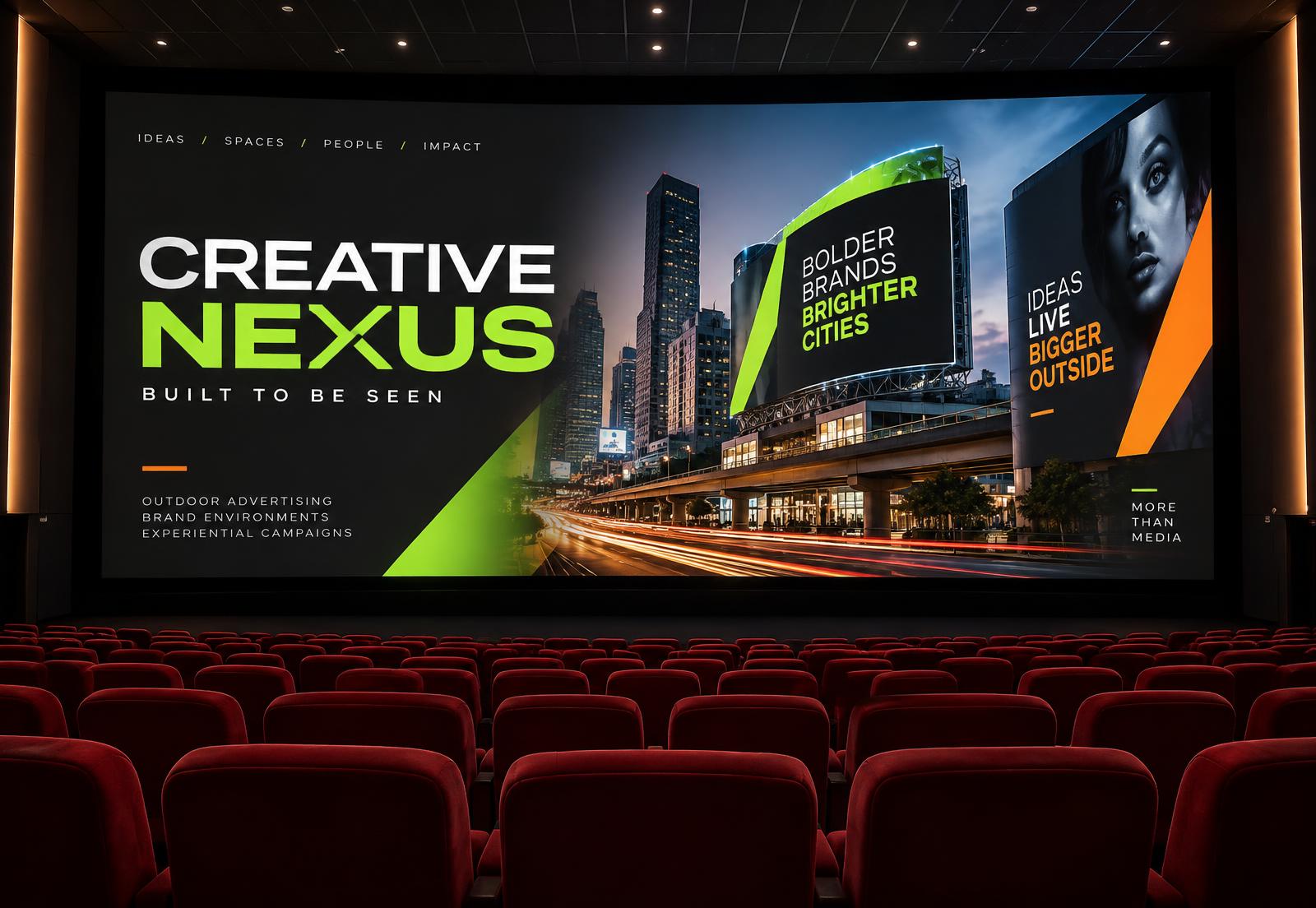 Creative Nexus publicity campaign playing on a large screen inside a cinema auditorium
