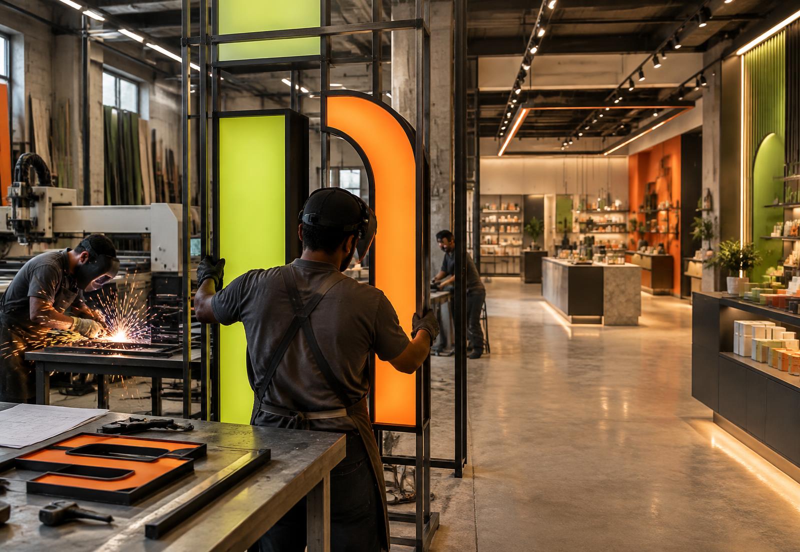 Fabricators building an illuminated display beside a finished retail interior