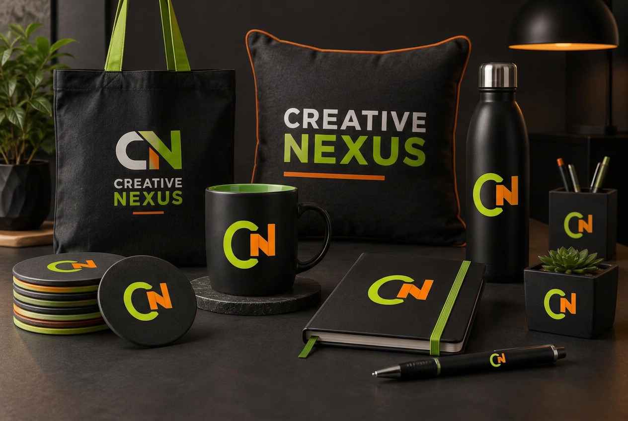 Creative Nexus printed mugs, coasters, cushions, tote bag, bottle and stationery